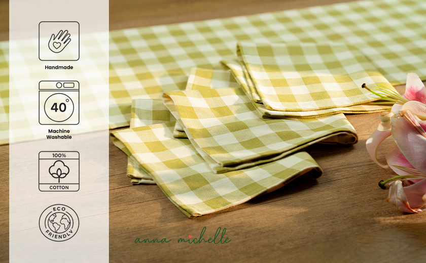 Checked 100% Cotton Set of 4 Reusable Cloth Napkins | Lively Green