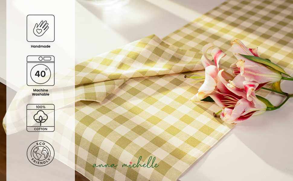 Checked 100% Cotton Everyday Reusable Table Runner | Lively Green