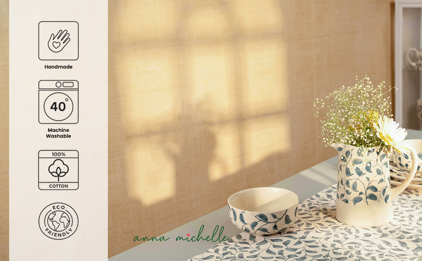 Scroll 100% Cotton Everyday Reusable Table Runner | Lovable Blue