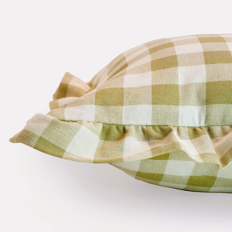 Checked Cotton Cushion Cover with Frill | Lively Green (with Pad)