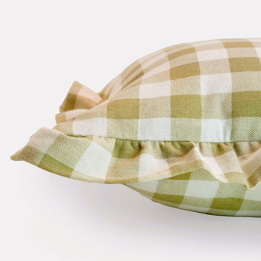 Checked Cotton Cushion Cover with Frill | Lively Green (with Pad)