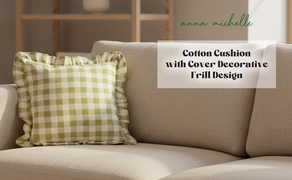 Checked Cotton Cushion Cover with Frill | Lively Green (with Pad)