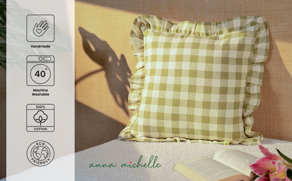 Checked Cotton Cushion Cover with Frill | Lively Green (with Pad)