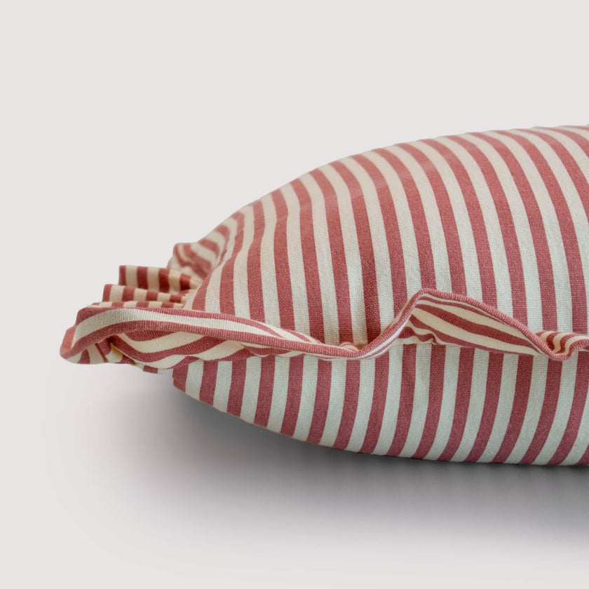 Striped Cotton Cushion Cover with Frill | Rose Pink (with Pad)