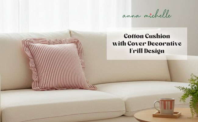 Striped Cotton Cushion Cover with Frill | Rose Pink (with Pad)