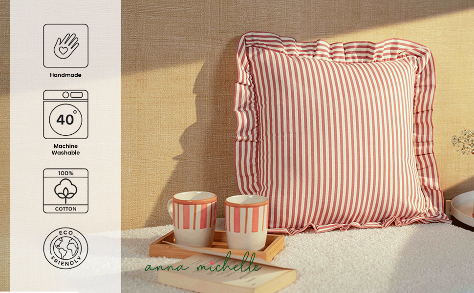 Striped Cotton Cushion Cover with Frill | Rose Pink (with Pad)
