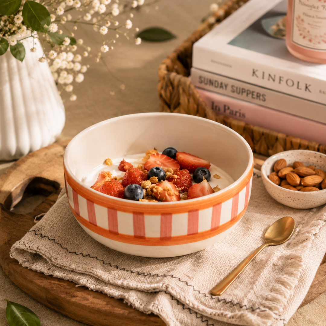Striped Handmade & Hand-Painted Stoneware Cereal Bowls – Set of 4 | Beautiful Rose