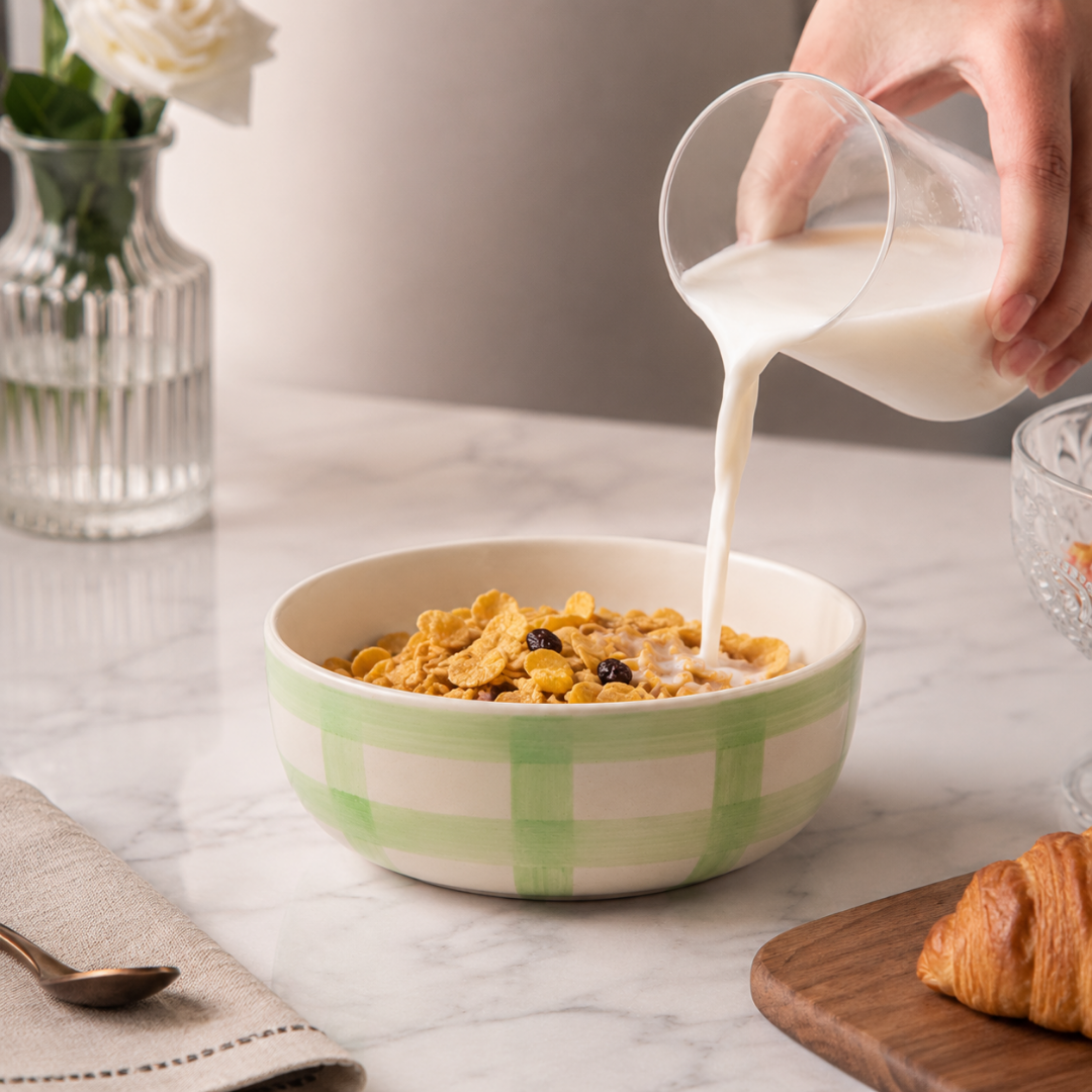 Checked Handmade & Hand-Painted Stoneware Cereal Bowls (Set of 4) | Lively Green
