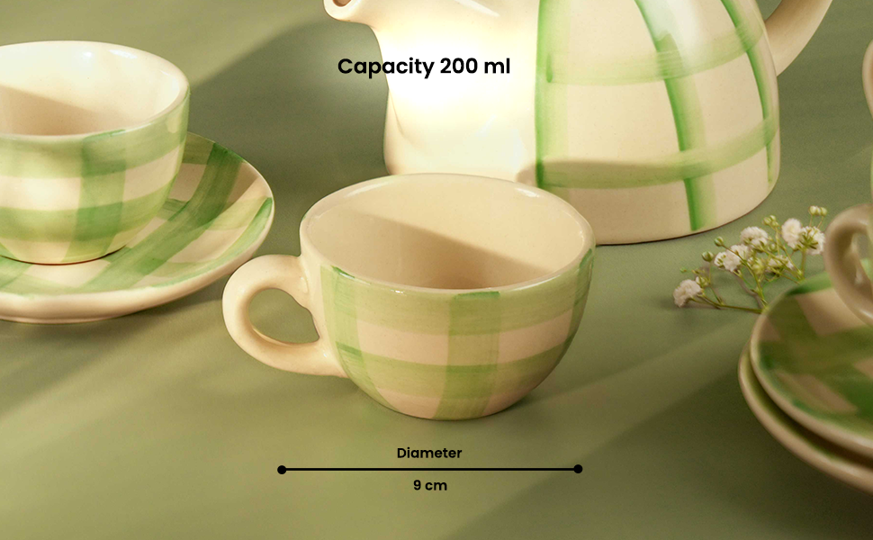 Checked Handmade & Hand-Painted Stoneware (Set of 4) Cups & Saucers | Lively Green