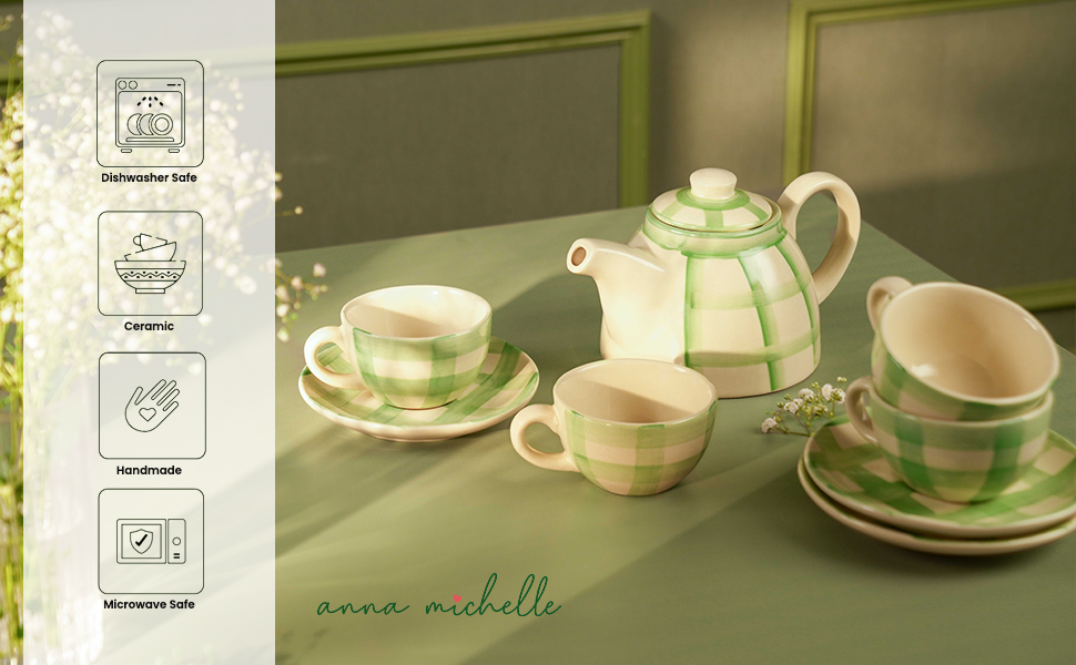 Checked Handmade & Hand-Painted Stoneware (Set of 4) Cups & Saucers | Lively Green