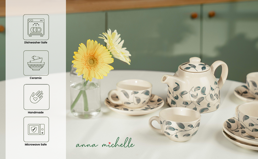 Scroll Handmade & Hand-Painted Stoneware (Set of 4) Cups & Saucers | Lovable Blue