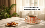 Striped Handmade & Hand-Painted Stoneware (Set of 4) Cups & Saucers | Beautiful Rose
