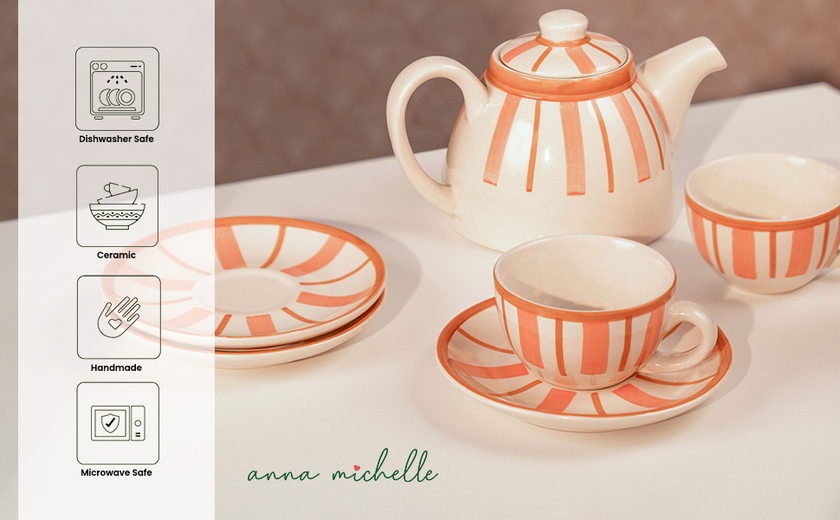 Striped Handmade & Hand-Painted Stoneware (Set of 4) Cups & Saucers | Beautiful Rose