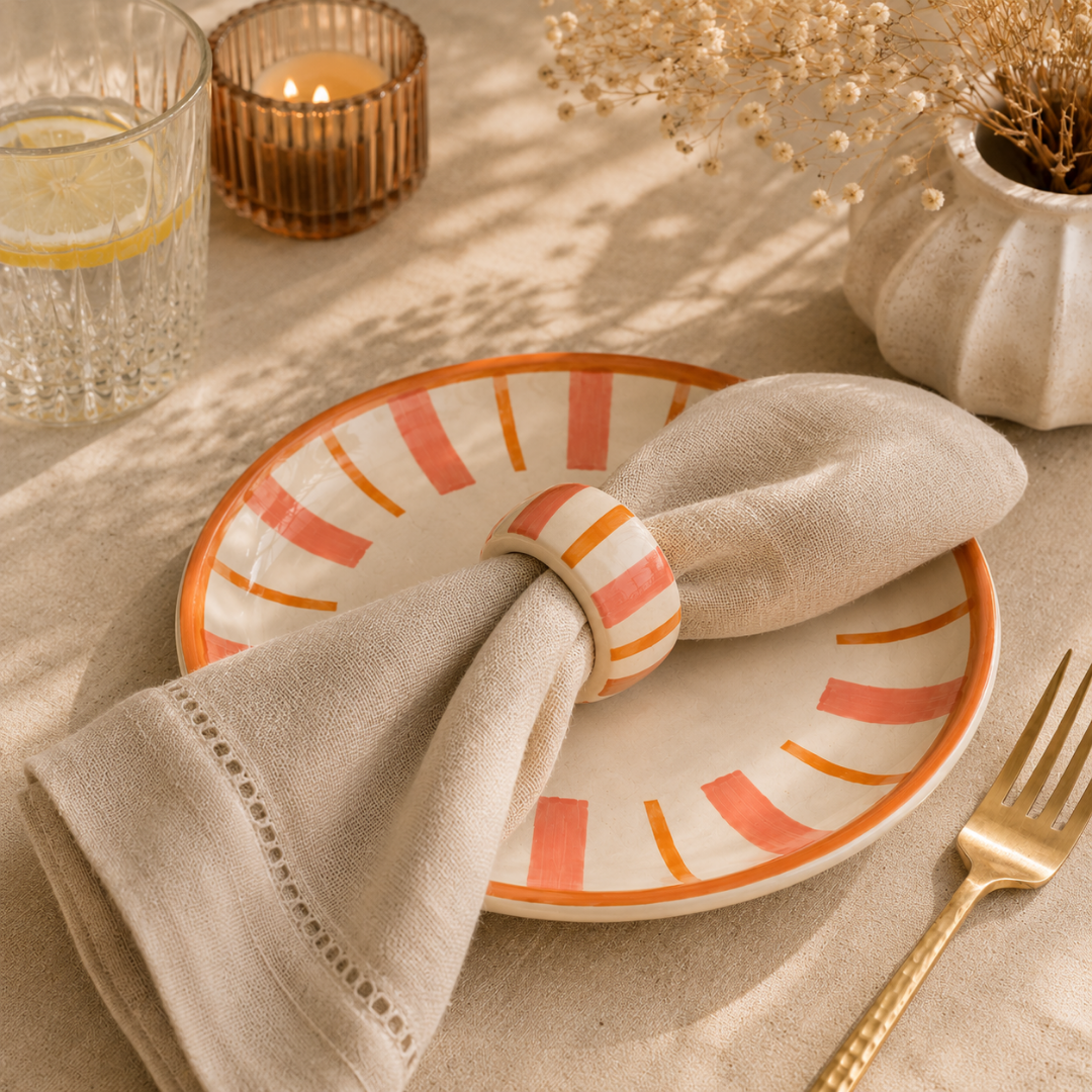 Striped Handmade Stoneware Napkin Rings (Set of 4) | Rose Pink