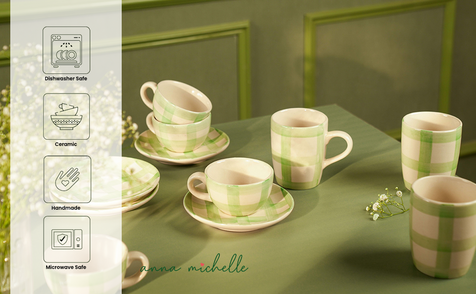 Checked Handmade & Hand-Painted Stoneware (Set of 4) Mugs | Lively Green