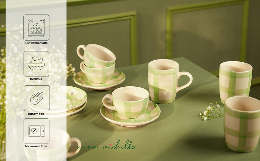 Checked Handmade & Hand-Painted Stoneware (Set of 4) Mugs | Lively Green