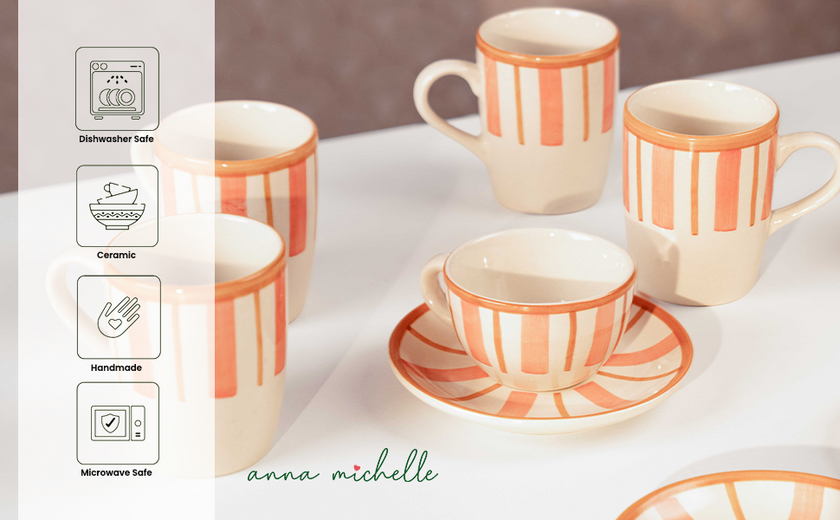 Striped Handmade & Hand-Painted Stoneware (Set of 4) Mugs | Beautiful Rose