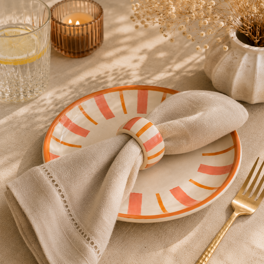 Striped Handmade Stoneware Napkin Rings (Set of 4) | Rose Pink