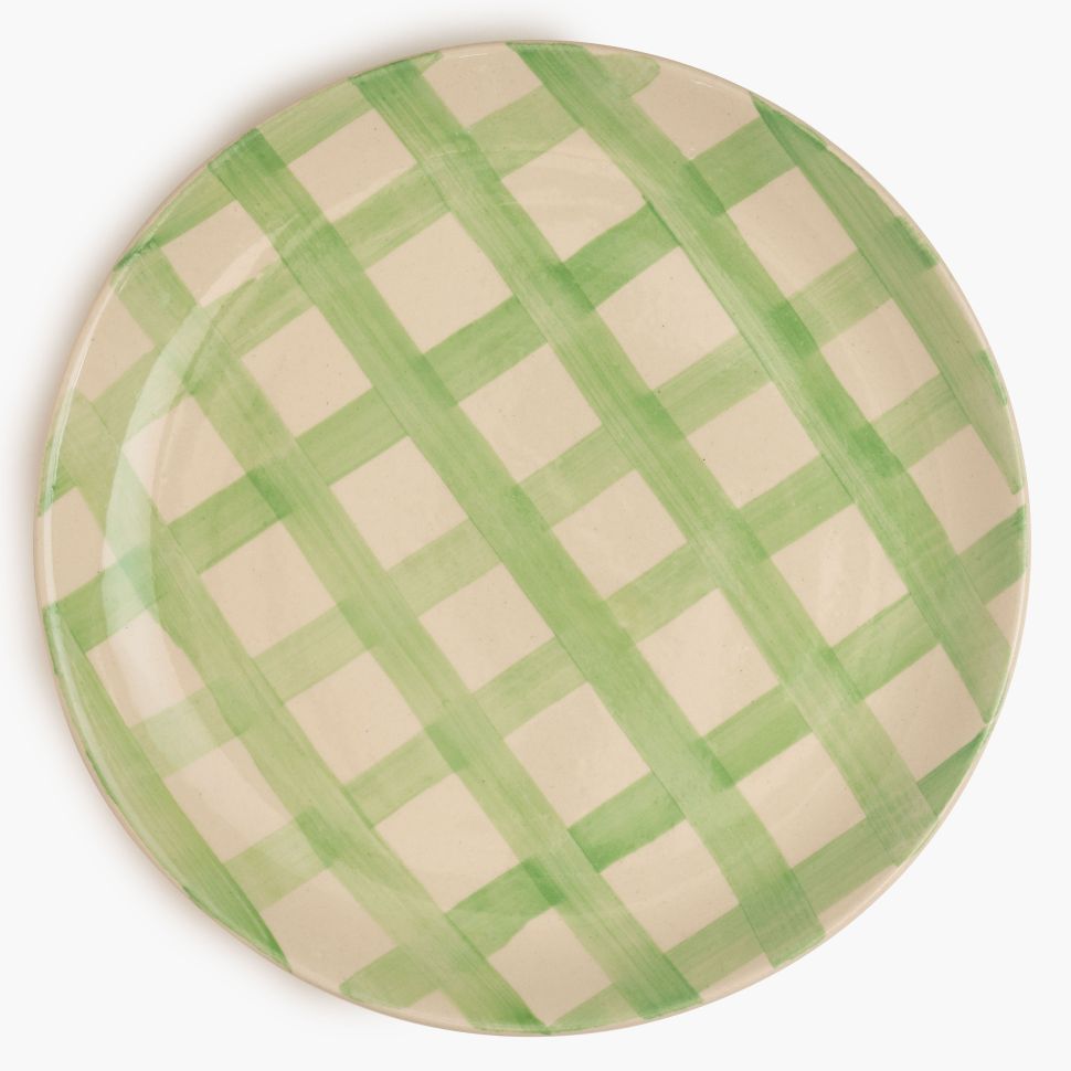 Checked Handmade & Hand-Painted Stoneware Dinner Plates – Set of 4 | Lively Green