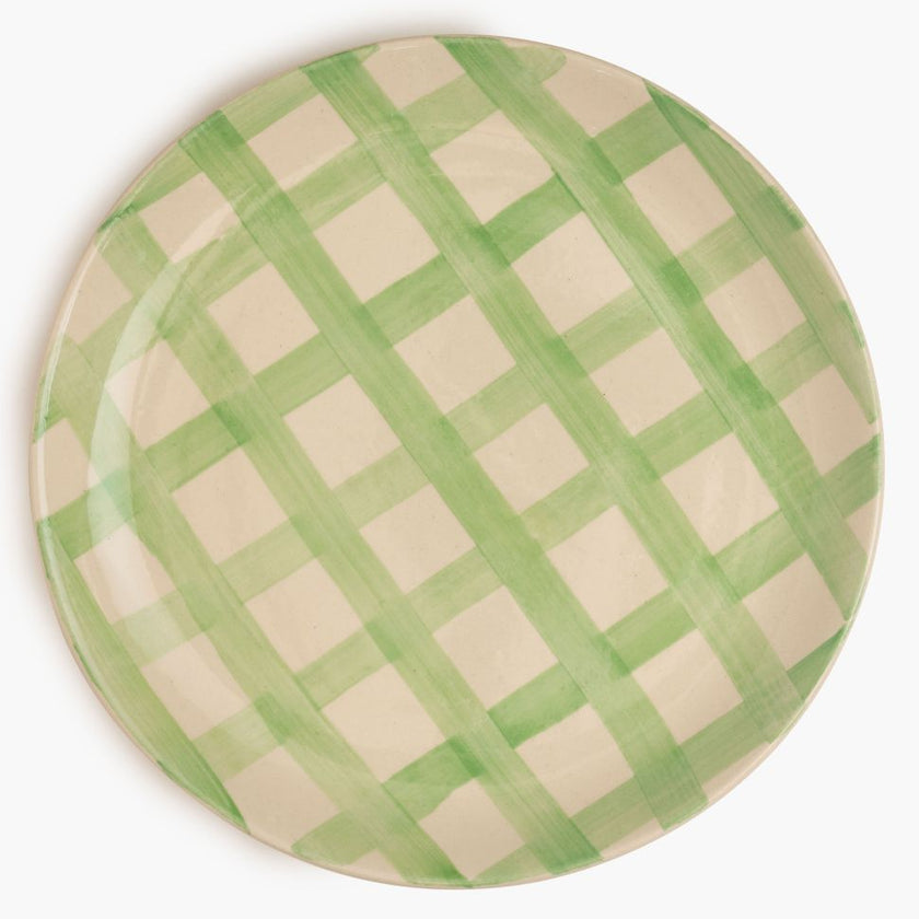 Checked Handmade & Hand-Painted Stoneware Dinner Plates – Set of 4 | Lively Green