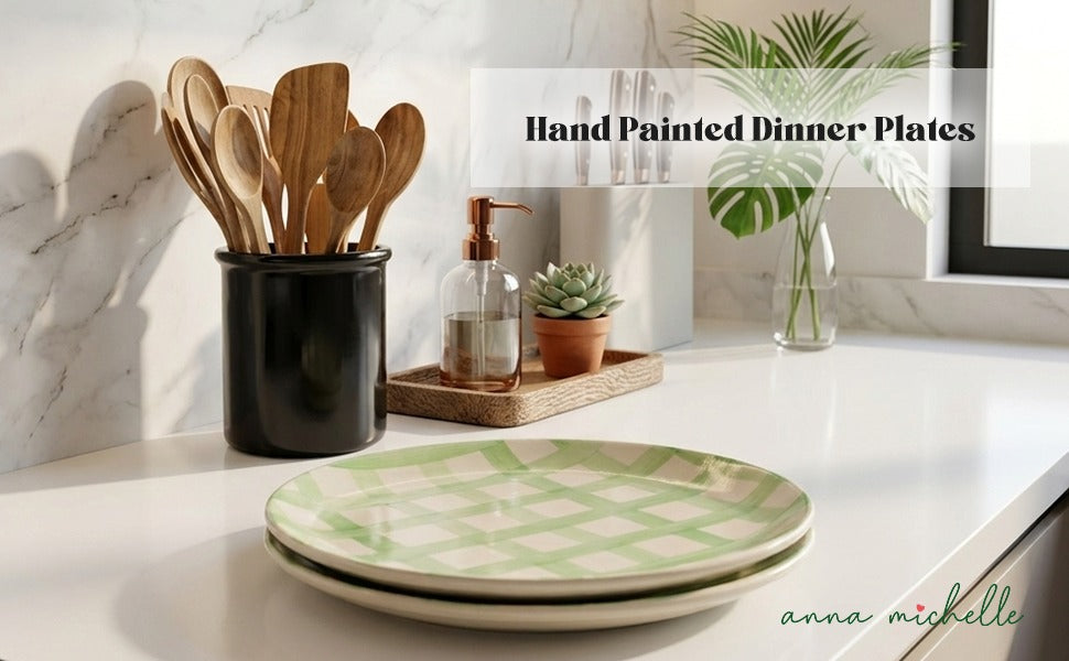 Checked Handmade & Hand-Painted Stoneware Dinner Plates – Set of 4 | Lively Green