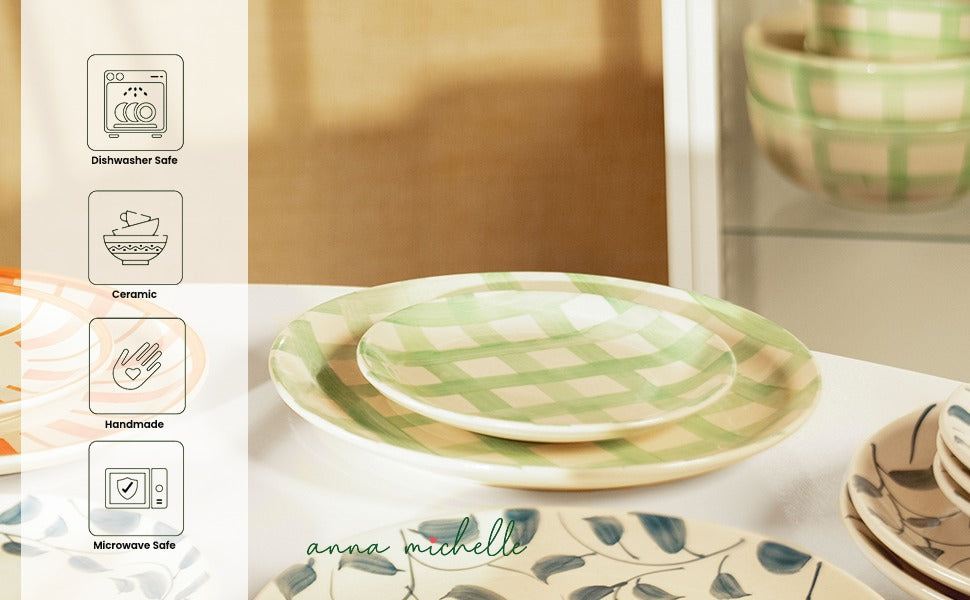 Checked Handmade & Hand-Painted Stoneware Dinner Plates – Set of 4 | Lively Green