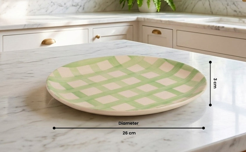 Checked Handmade & Hand-Painted Stoneware Dinner Plates – Set of 4 | Lively Green