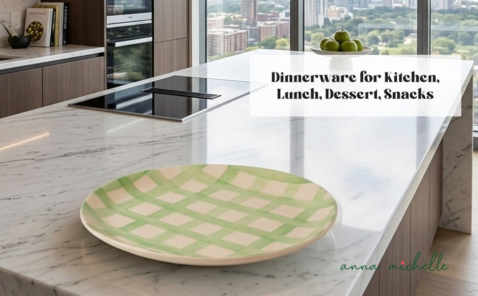 Checked Handmade & Hand-Painted Stoneware Dinner Plates – Set of 4 | Lively Green