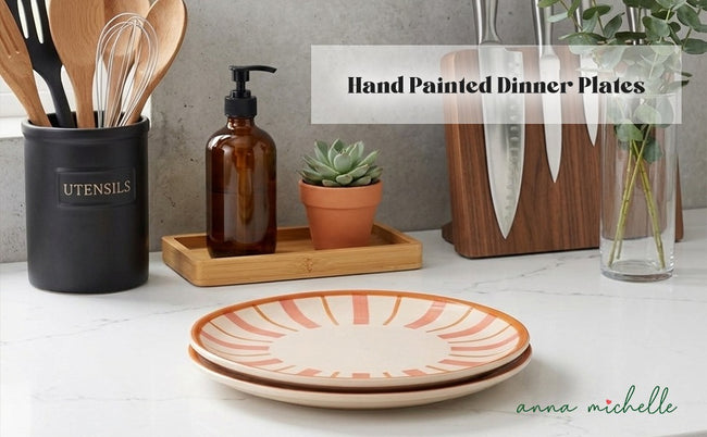 Striped Handmade & Hand-Painted Stoneware Dinner Plates – Set of 4 | Beautiful Rose