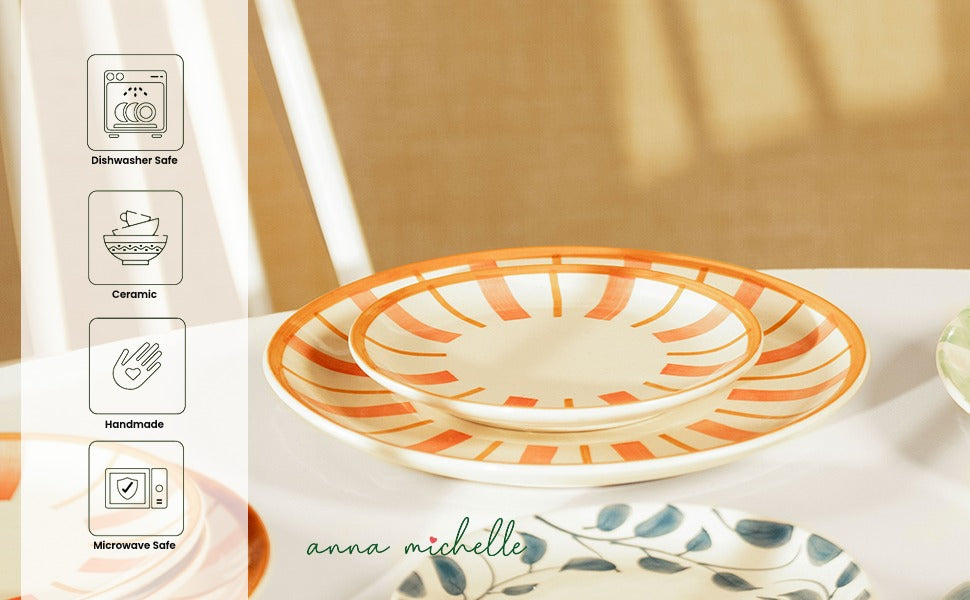 Striped Handmade & Hand-Painted Stoneware Dinner Plates – Set of 4 | Beautiful Rose