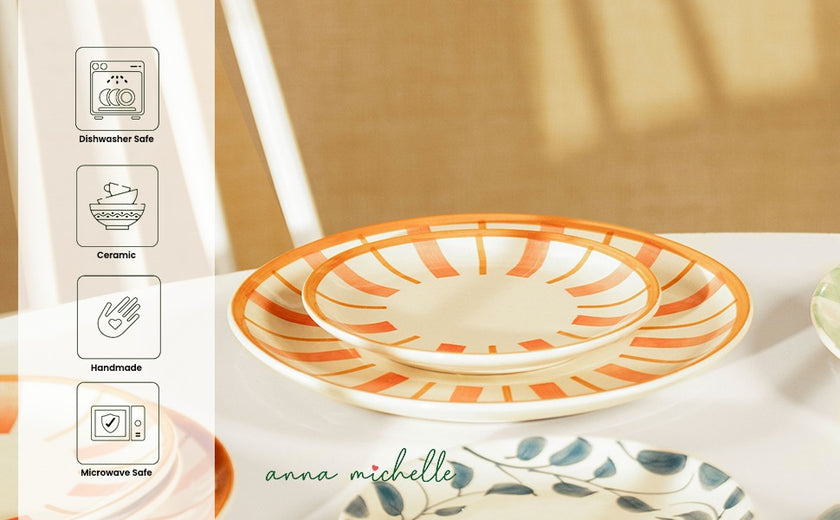 Striped Handmade & Hand-Painted Stoneware Dinner Plates – Set of 4 | Beautiful Rose