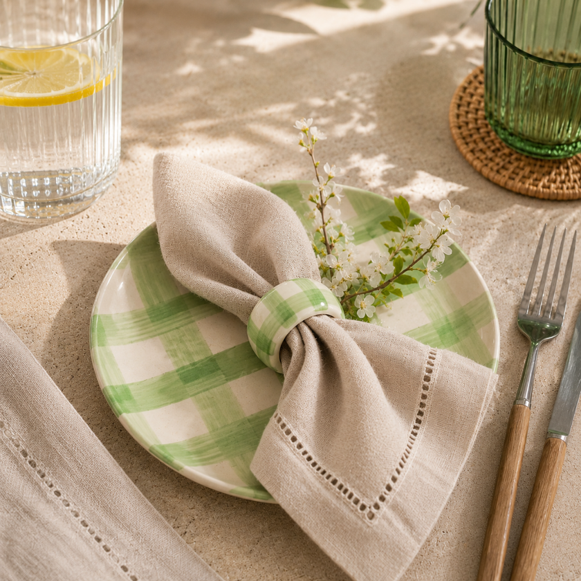 Checked Handmade Stoneware Napkin Rings (Set of 4) | Lively Green