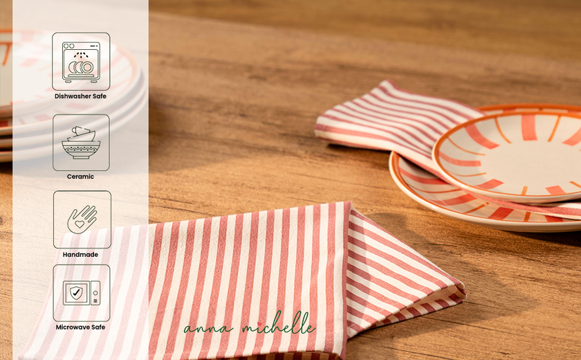 Striped Handmade & Hand-Painted Stoneware Side Plates (Set of 4) | Beautiful Rose