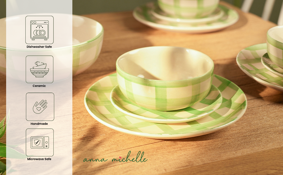 Checked Handmade & Hand-Painted Stoneware Serving Bowls (Set of 2) | Lively Green