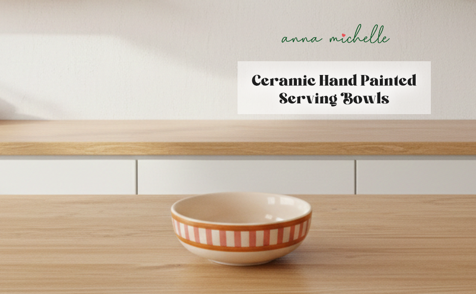 Striped Handmade & Hand-Painted Stoneware Serving Bowls (Set of 2) | Beautiful Rose