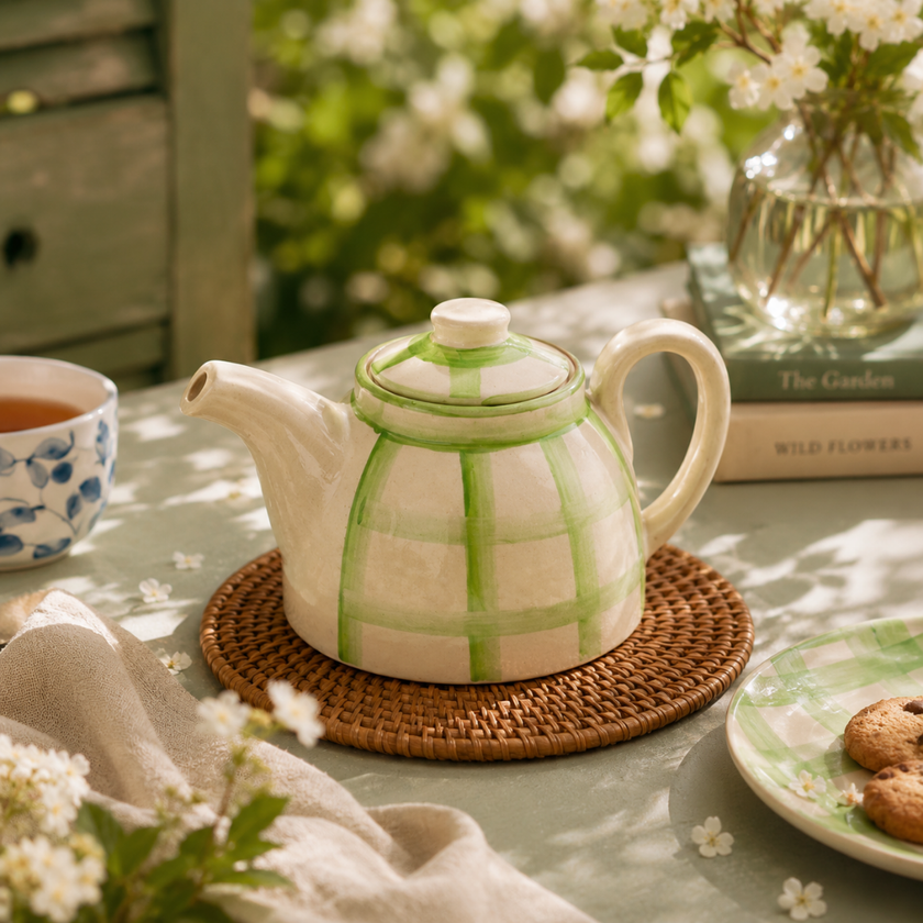Checked 1,200ml Handmade & Hand-Painted Stoneware Teapot | Lively Green
