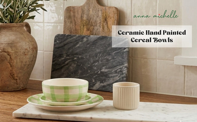 Checked Handmade & Hand-Painted Stoneware Cereal Bowls (Set of 4) | Lively Green