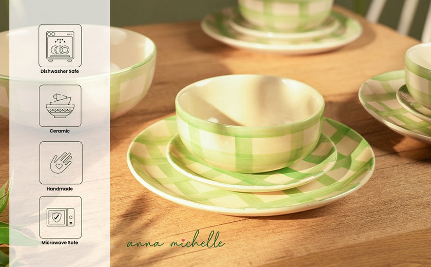 Checked Handmade & Hand-Painted Stoneware Cereal Bowls (Set of 4) | Lively Green