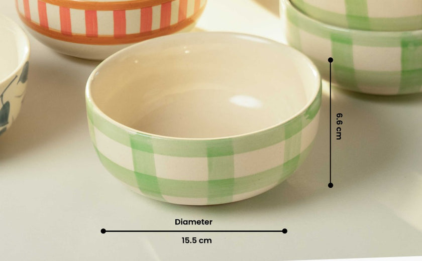 Checked Handmade & Hand-Painted Stoneware Cereal Bowls (Set of 4) | Lively Green