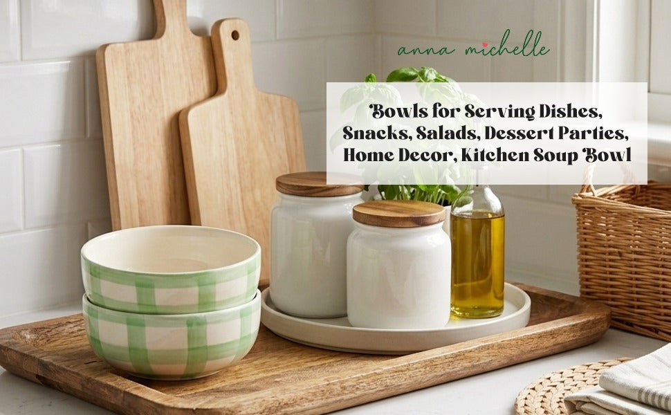 Checked Handmade & Hand-Painted Stoneware Cereal Bowls (Set of 4) | Lively Green