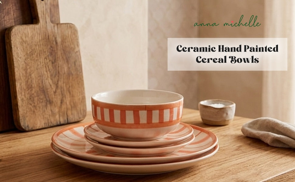 Striped Handmade & Hand-Painted Stoneware Cereal Bowls – Set of 4 | Beautiful Rose