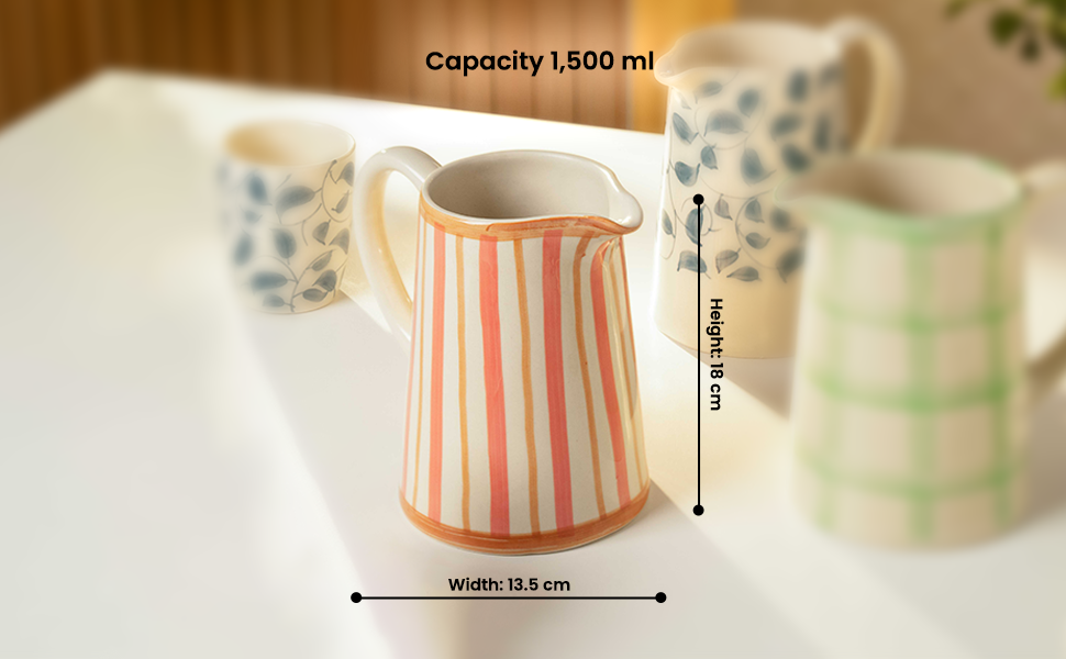 Striped Handmade & Hand-Painted Stoneware Jug 1500ml | Beautiful Rose
