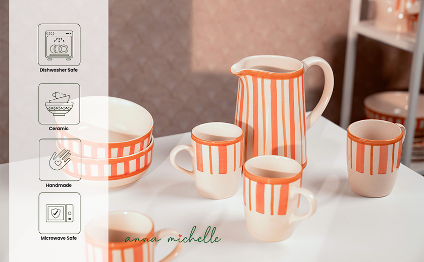 Striped Handmade & Hand-Painted Stoneware Jug 1500ml | Beautiful Rose