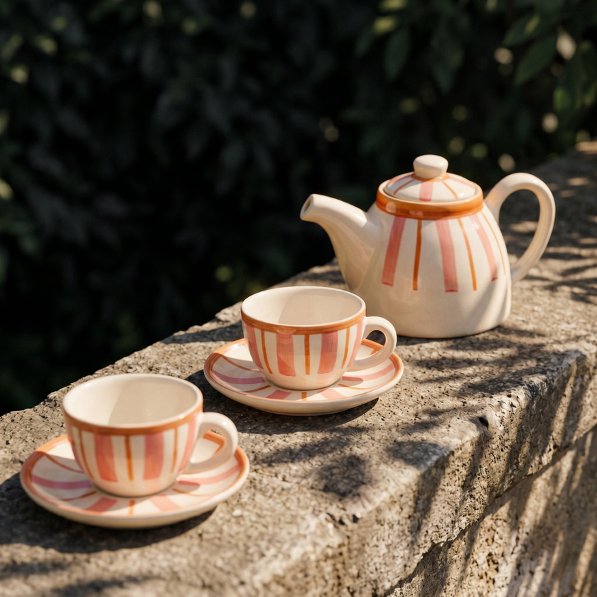 Striped Handmade & Hand-Painted Stoneware (Set of 4) Cups & Saucers | Beautiful Rose
