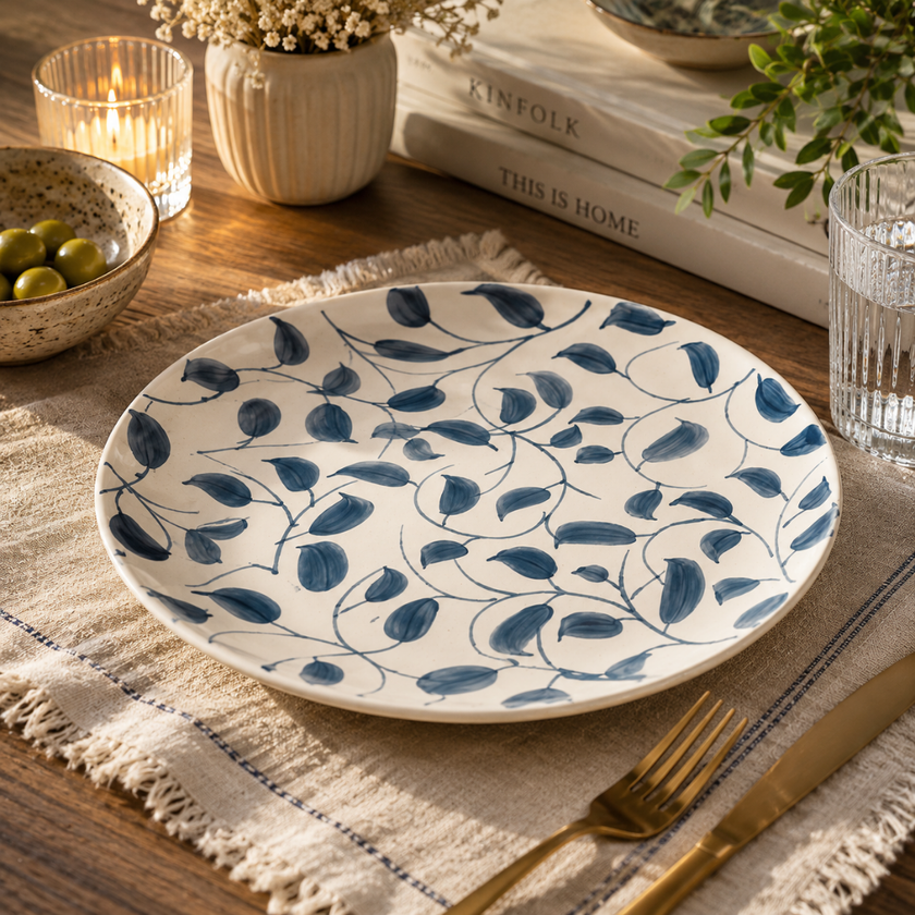 Scroll Handmade & Hand Painted Stoneware Dinner Plates (Set of 4)| Lovable Blue