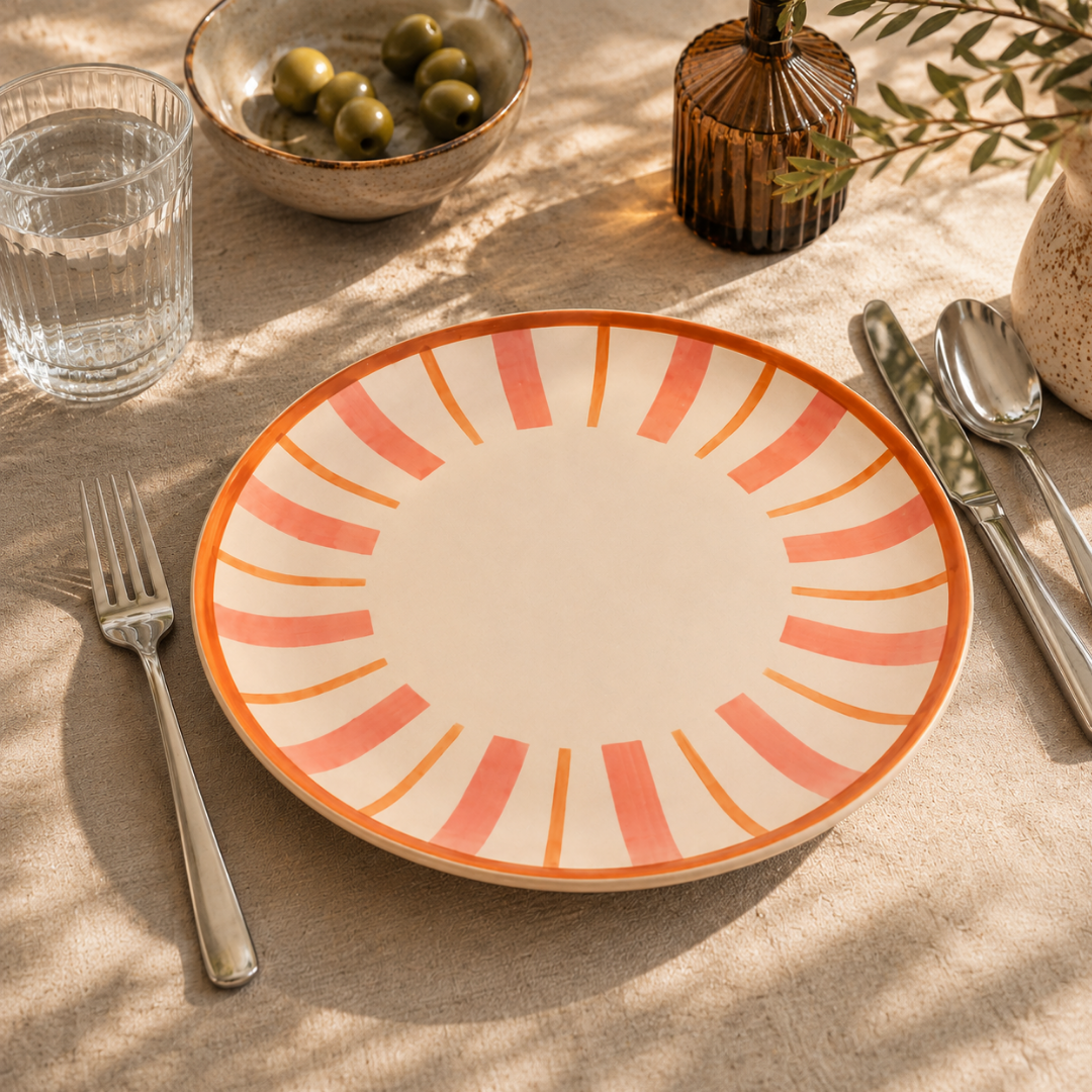 Striped Handmade & Hand-Painted Stoneware Dinner Plates – Set of 4 | Beautiful Rose