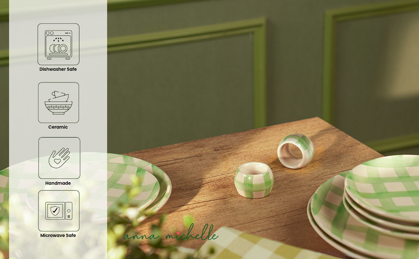 Checked Handmade Stoneware Napkin Rings (Set of 4) | Lively Green