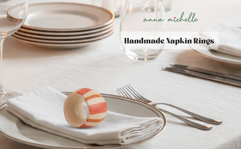 Striped Handmade Stoneware Napkin Rings (Set of 4) | Rose Pink
