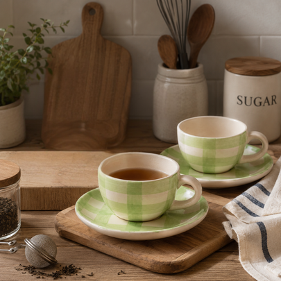 Checked Handmade & Hand-Painted Stoneware (Set of 4) Cups & Saucers | Lively Green