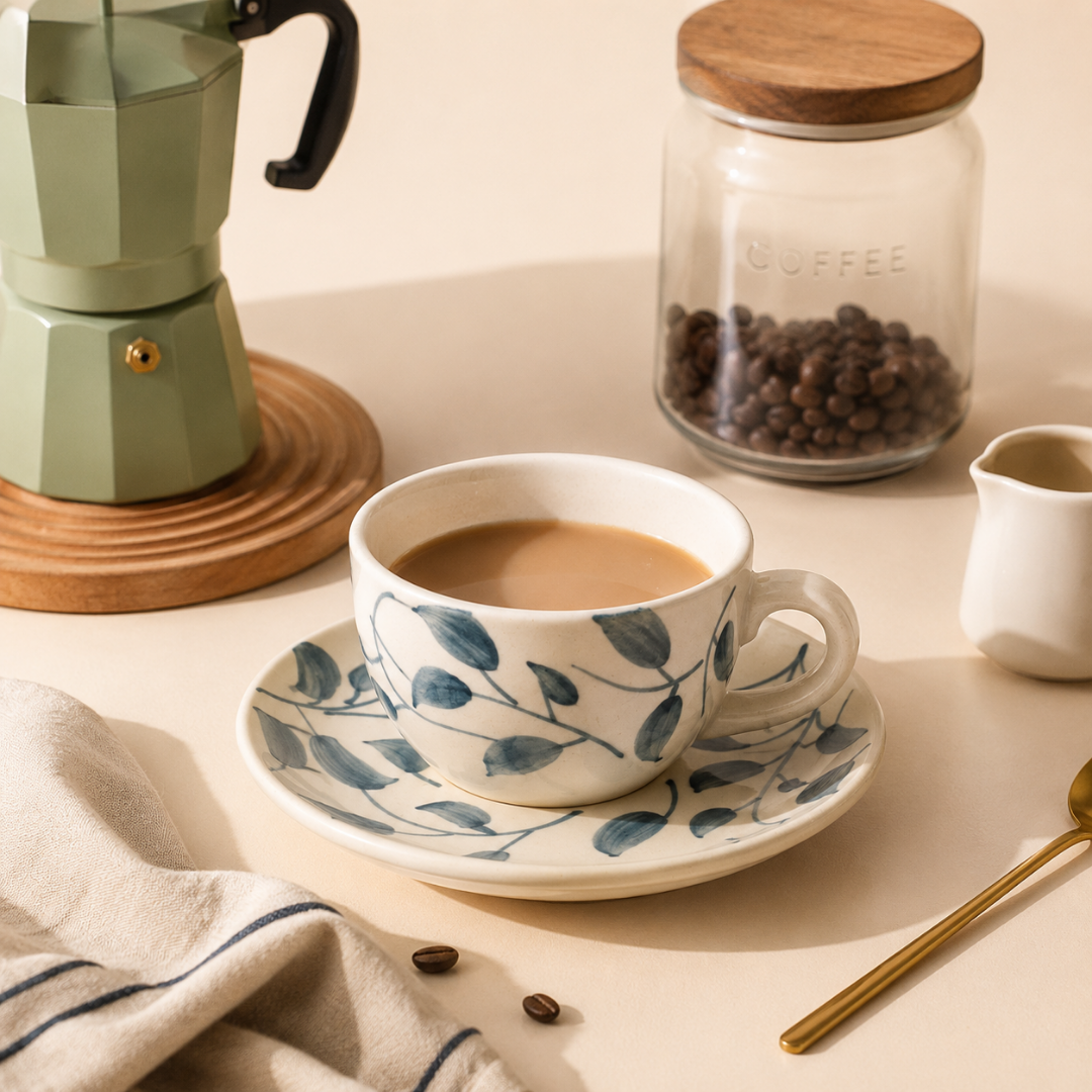 Scroll Handmade & Hand-Painted Stoneware (Set of 4) Cups & Saucers | Lovable Blue